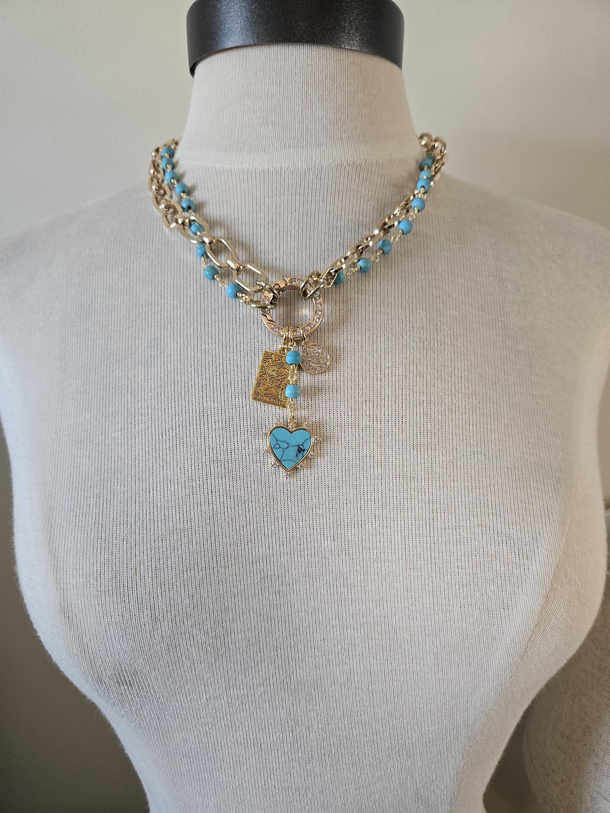 Gold Charm Holder Necklace- Genuine Turquoise Necklace, Gold and Turquoise Jewelry