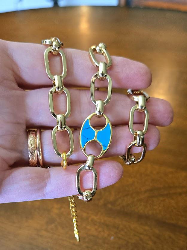 Chunky Gold Turquoise Choker Necklace: 14k Gold Plated Brass, Inlaid Tab Connector