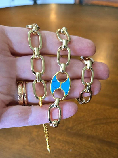 Chunky Gold Turquoise Choker Necklace: 14k Gold Plated Brass, Inlaid Tab Connector