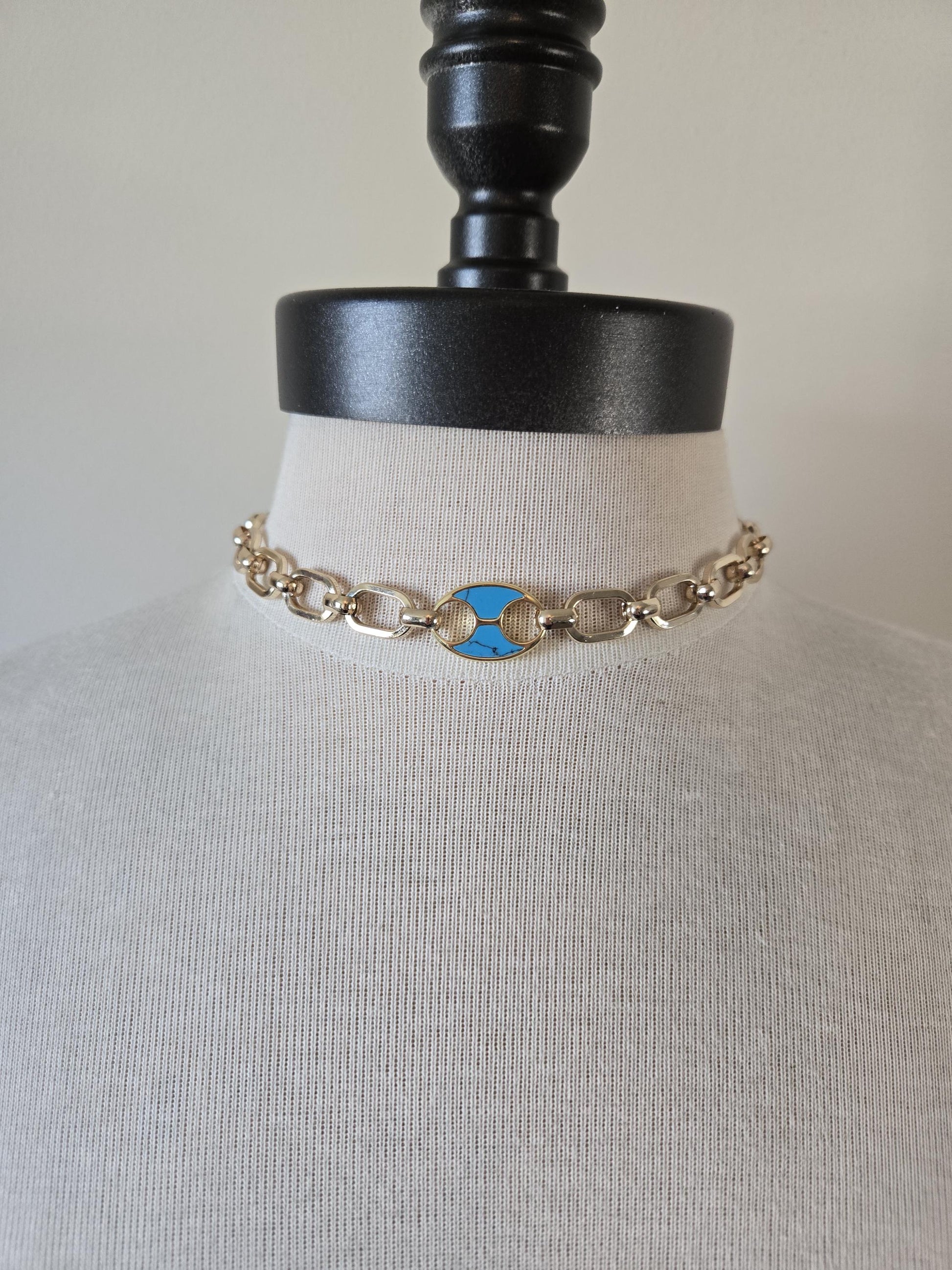Gold Choker with inlaid Turquoise Tab Focal- Chunky Gold and Turquoise Choker Necklace, Gold and Turquoise Jewelry, Layering Necklace