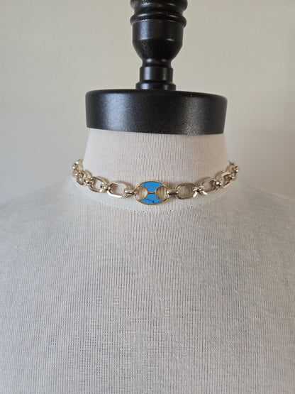Gold Choker with inlaid Turquoise Tab Focal- Chunky Gold and Turquoise Choker Necklace, Gold and Turquoise Jewelry, Layering Necklace