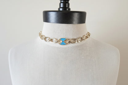 Chunky Gold Turquoise Choker Necklace: 14k Gold Plated Brass, Inlaid Tab Connector