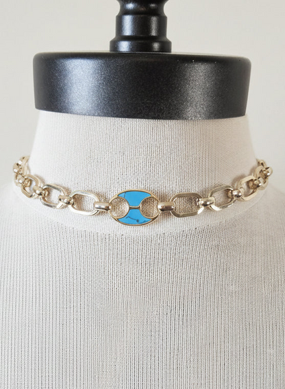 Chunky Gold Turquoise Choker Necklace: 14k Gold Plated Brass, Inlaid Tab Connector