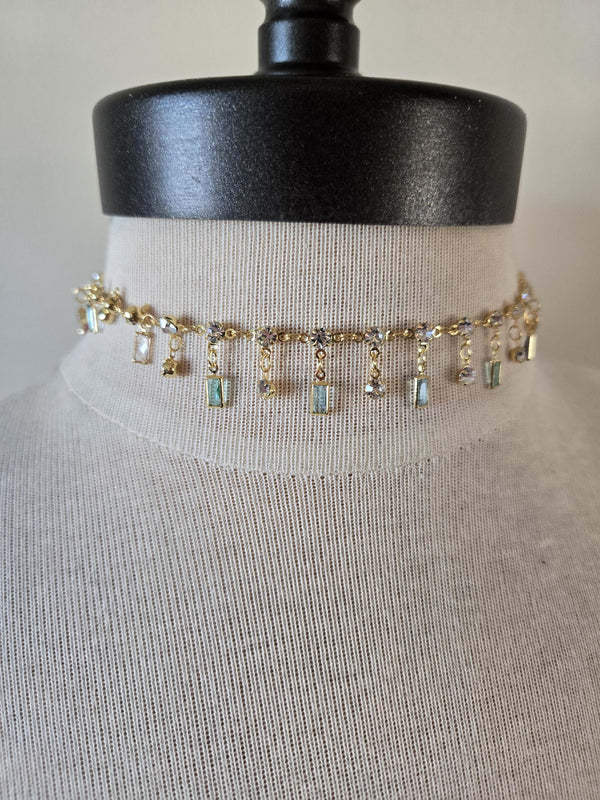 Feminine, Dainty Single Strand Choker with Dangling Crystals -Gold and Turquoise Crystal Necklace, Gold and Turquoise Jewelry - Girly Choker