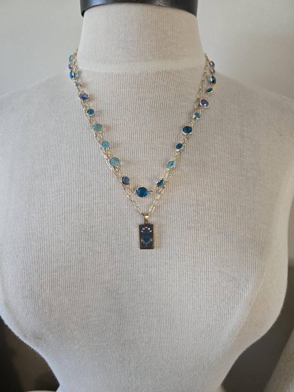 Gold Charm Necklace with Crystals - Gold and Turquoise, Tarot Card Necklace, Gold and Turquoise Jewelry