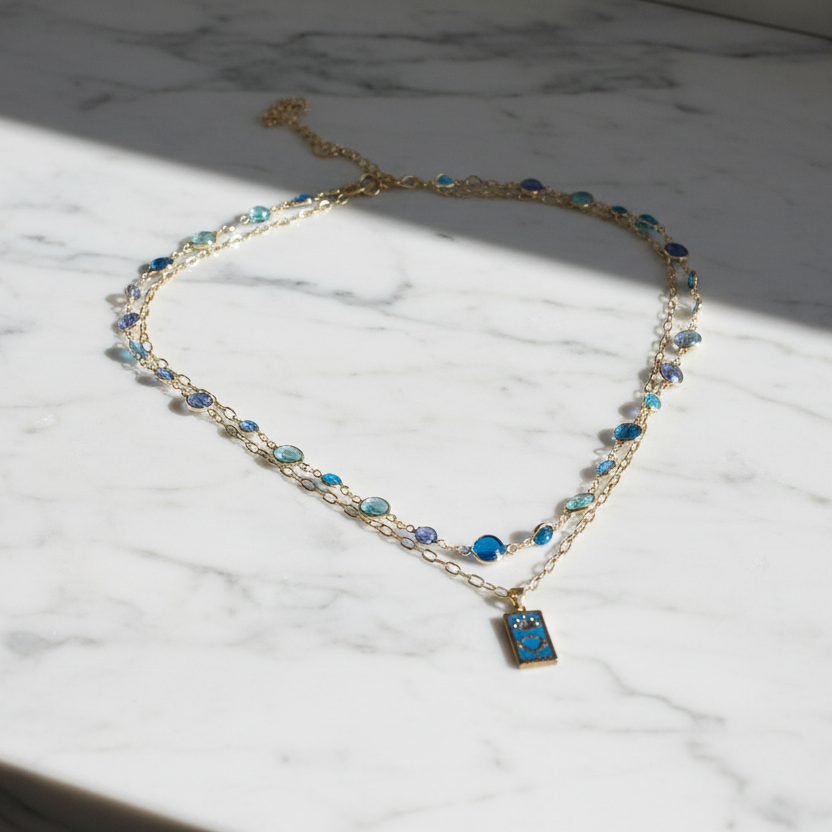 Gold Tarot Card Necklace: Turquoise Crystal Double Strand