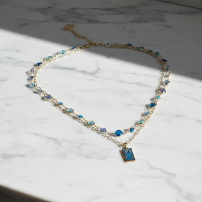 Gold Tarot Card Necklace: Turquoise Crystal Double Strand
