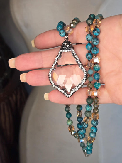 Natural Turquoise Beaded Necklace with Crystal Drop Pendant - Artisan Hand-Knotted Gemstone Jewelry