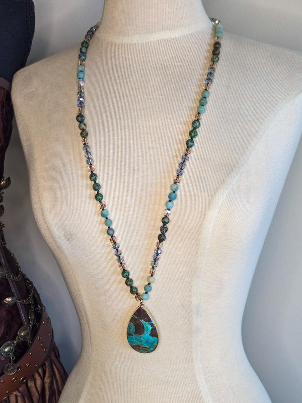 Natural Turquoise Beaded Necklace - Artisan Hand-Knotted Gemstone Jewelry -Handcrafted Gift