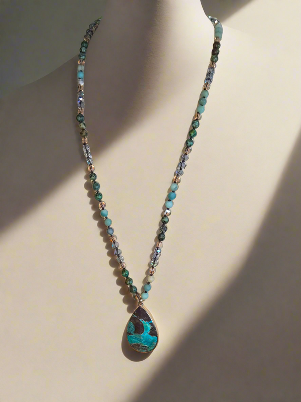 Natural Turquoise Beaded Necklace - Artisan Hand-Knotted Gemstone Jewelry -Handcrafted Gift