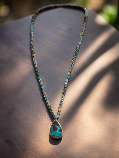 Natural Turquoise Beaded Necklace - Artisan Hand-Knotted Gemstone Jewelry -Handcrafted Gift