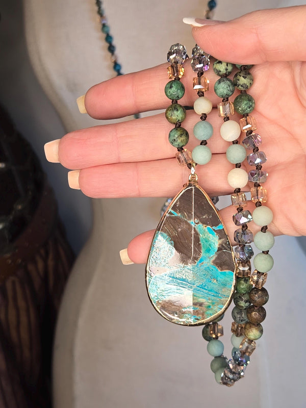 Natural Turquoise Beaded Necklace - Artisan Hand-Knotted Gemstone Jewelry -Handcrafted Gift