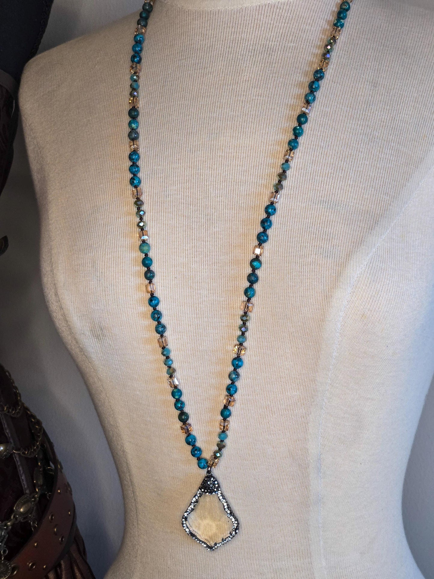 Natural Turquoise Beaded Necklace with Crystal Drop Pendant - Artisan Hand-Knotted Gemstone Jewelry