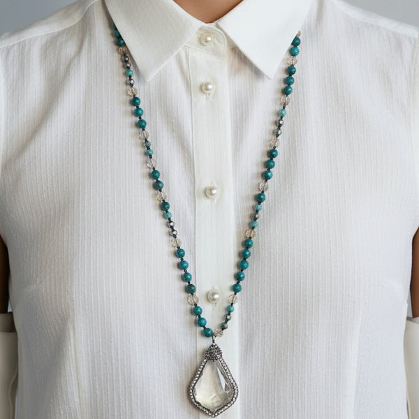 Natural Turquoise Beaded Necklace with Crystal Drop Pendant - Artisan Hand-Knotted Gemstone Jewelry