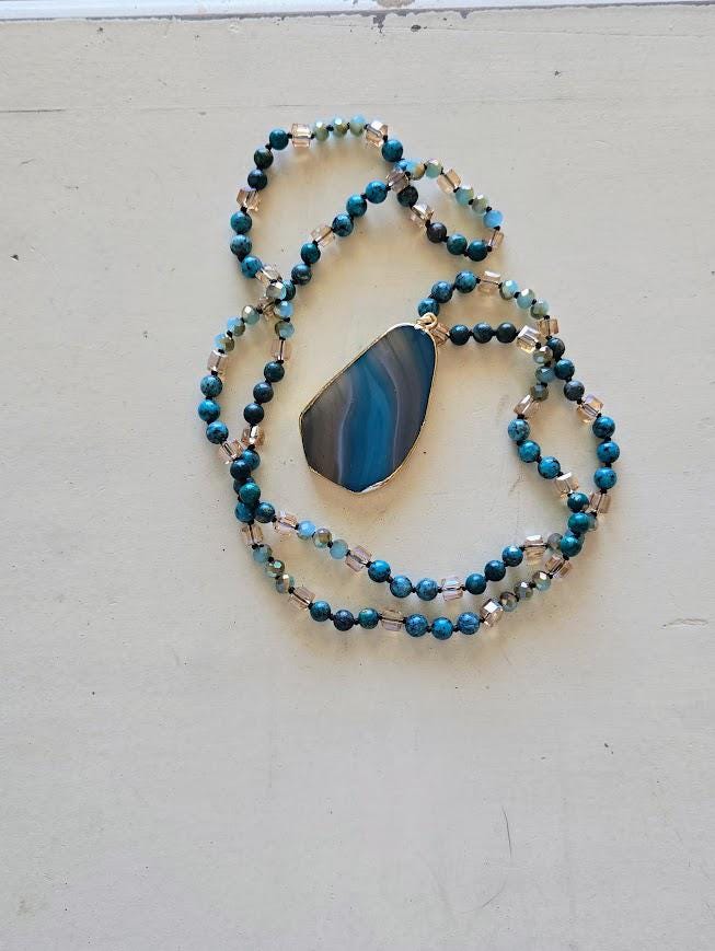 Natural Blue Jasper Beaded Necklace with Sea Glass Drop Pendant - Artisan Hand-Knotted Gemstone Jewelry