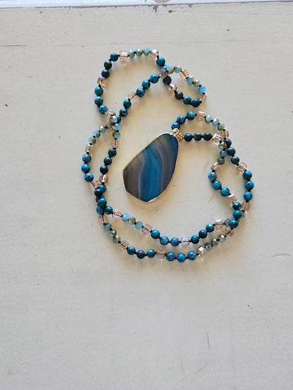 Natural Blue Jasper Beaded Necklace with Sea Glass Drop Pendant - Artisan Hand-Knotted Gemstone Jewelry