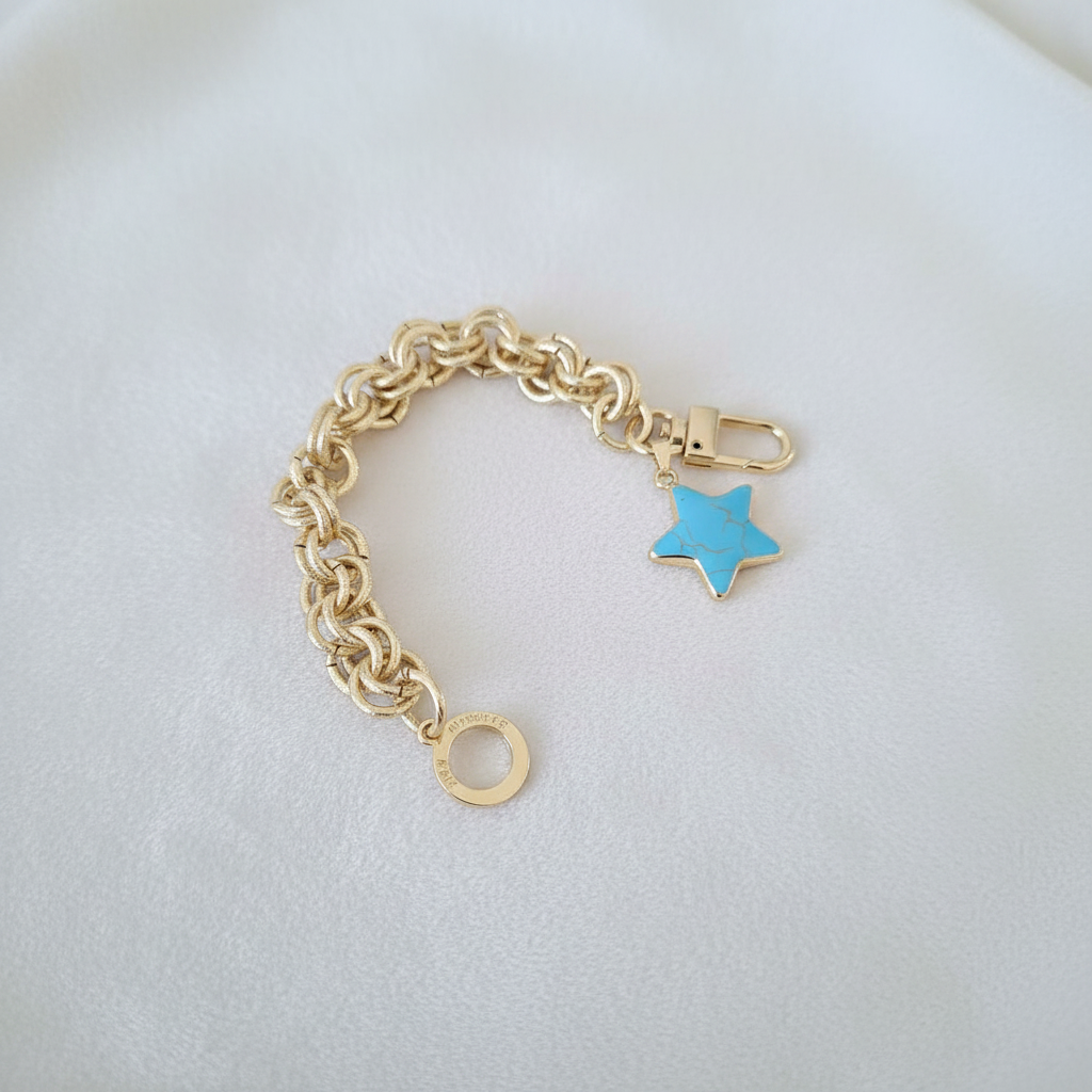 Chunky Charm Bracelet- Gold Double Link Chain Bracelet with Turquoise Star Charm- Layering Bracelet,