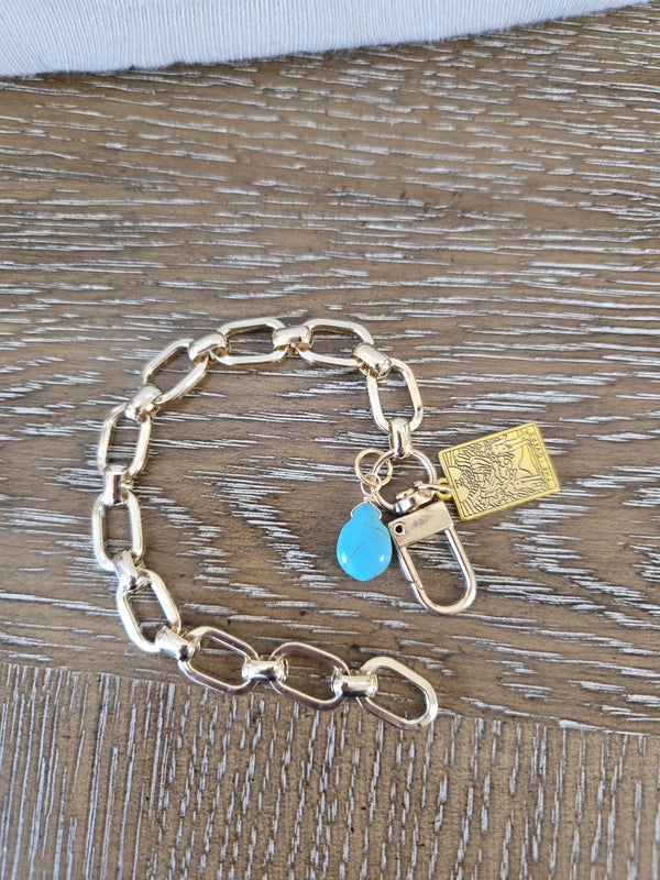 Gold Charm Bracelet- Customized Jewelry - Layering Bracelet, Matching Necklace and Bracelet- Turquoise Charm and Tarot Card Charm