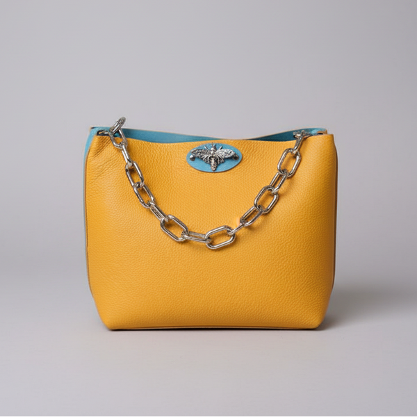 Handstitched Genuine Full Grain Leather Bucket Bag - Turquoise & Yellow Boho Glam