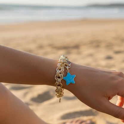 Chunky Charm Bracelet- Gold Double Link Chain Bracelet with Turquoise Star Charm- Layering Bracelet,