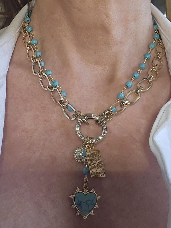 Gold Charm Holder Necklace: Turquoise Beads, 14k Gold Plated Chain