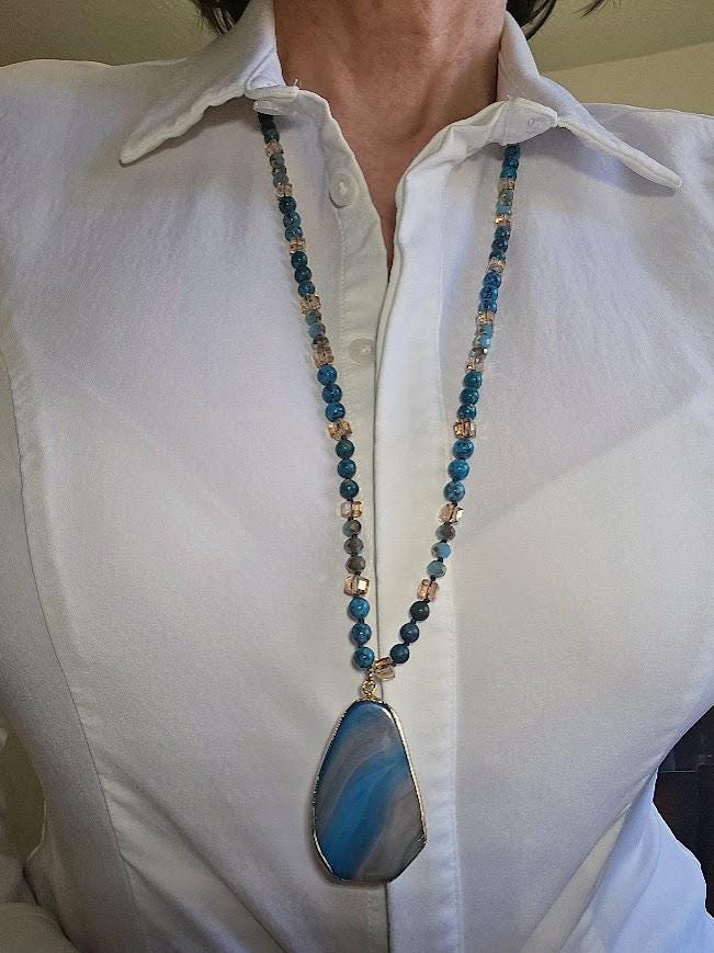 Natural Blue Jasper Beaded Necklace with Sea Glass Drop Pendant - Artisan Hand-Knotted Gemstone Jewelry