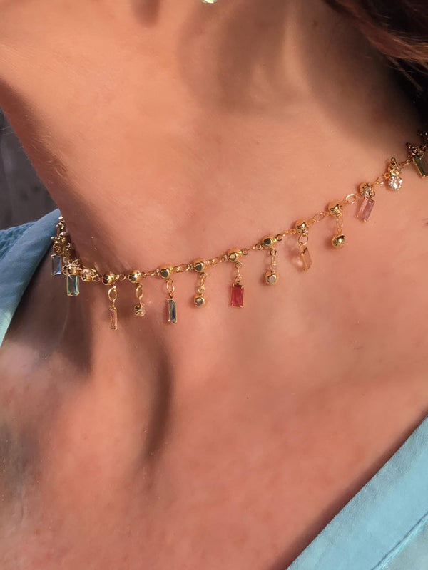 Feminine, Dainty Single Strand Choker with Dangling Crystals -Gold and Turquoise Crystal Necklace, Gold and Turquoise Jewelry - Girly Choker