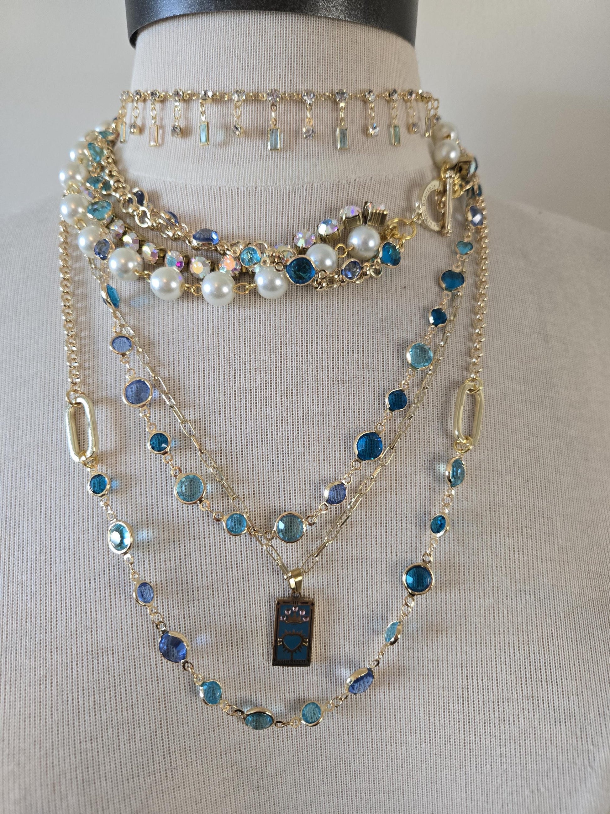 Feminine, Dainty Single Strand Choker with Dangling Crystals -Gold and Turquoise Crystal Necklace, Gold and Turquoise Jewelry - Girly Choker