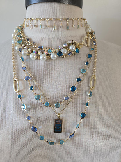 Feminine, Dainty Single Strand Choker with Dangling Crystals -Gold and Turquoise Crystal Necklace, Gold and Turquoise Jewelry - Girly Choker