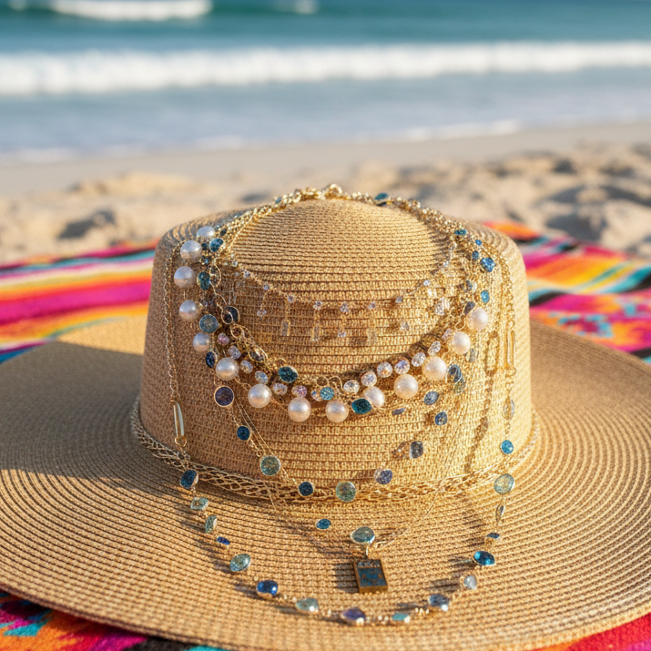 Feminine, Dainty Single Strand Choker with Dangling Crystals -Gold and Turquoise Crystal Necklace, Gold and Turquoise Jewelry - Girly Choker