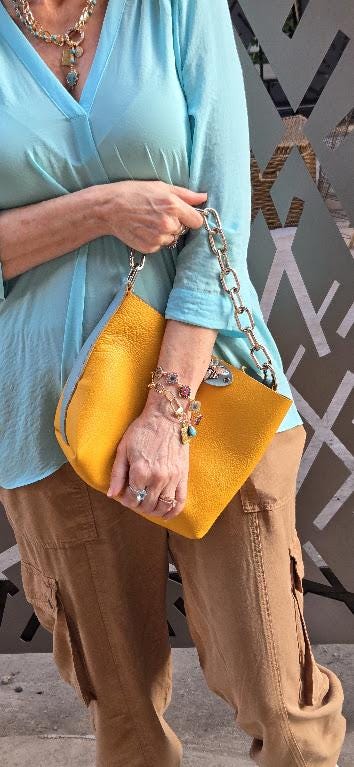 Handstitched Leather Bucket Bag - Turquoise & Yellow Boho Glam