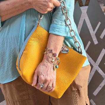 Handstitched Genuine Full Grain Leather Bucket Bag - Turquoise & Yellow Boho Glam