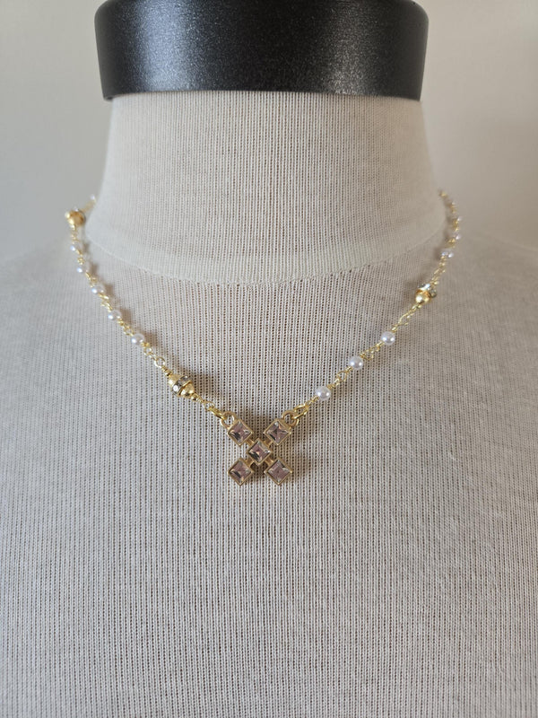 Petite Pearl Choker Necklace with CZ X Pendant - Hugs & Kisses XXOO- Layering Jewelry
