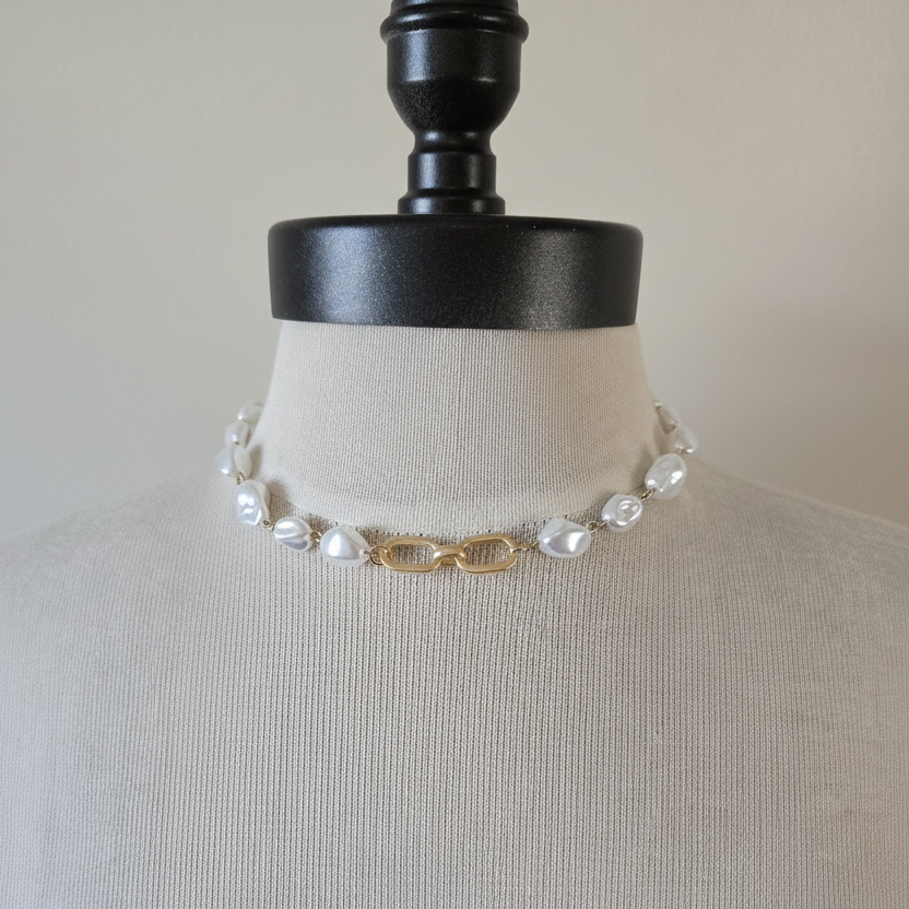 Baroque Pearl Necklace with Sophisticated Matte Gold Focal Connector -Layering Jewelry