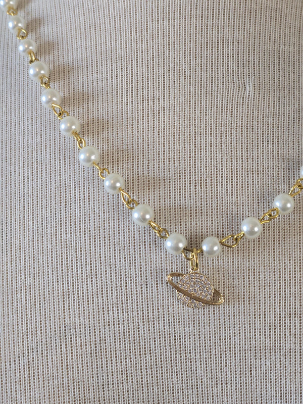 Pearl Necklace- Dainty Planet Charm Necklace: Pearl Beads with Pave Pendant Detail