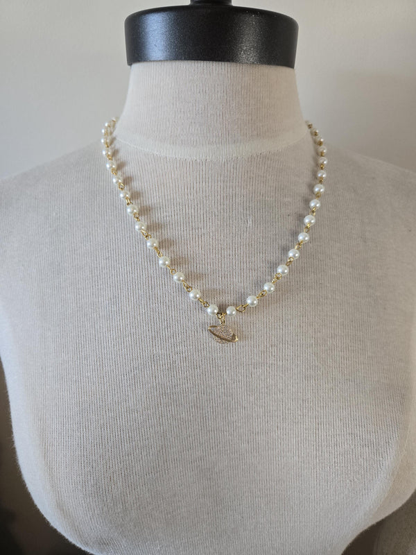 Pearl Necklace- Dainty Planet Charm Necklace: Pearl Beads with Pave Pendant Detail