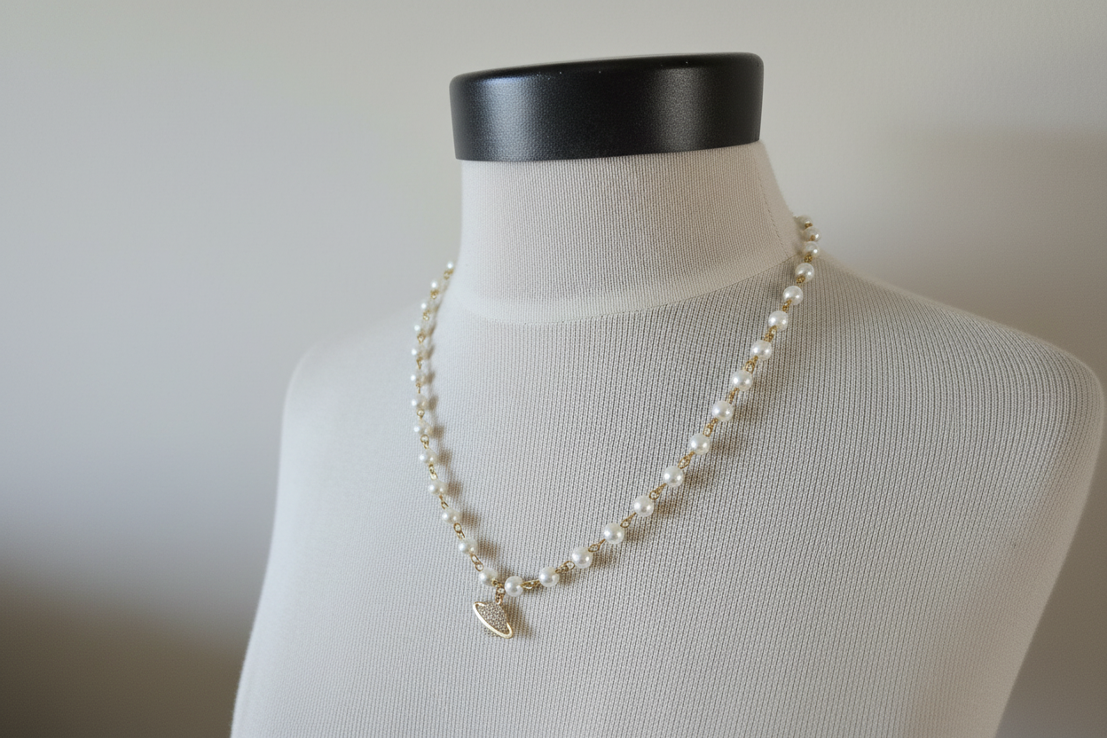 Pearl Necklace- Dainty Planet Charm Necklace: Pearl Beads with Pave Pendant Detail