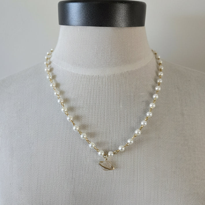 Pearl Necklace- Dainty Planet Charm Necklace: Pearl Beads with Pave Pendant Detail
