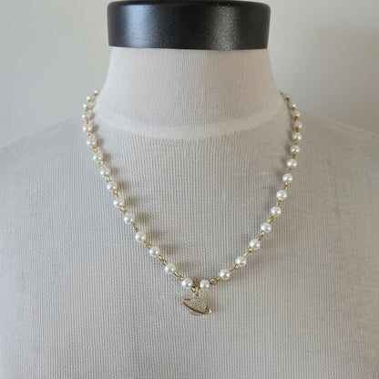 Pearl Necklace- Dainty Planet Charm Necklace: Pearl Beads with Pave Pendant Detail
