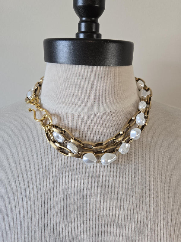 Statement Baroque Pearl Choker - Chunky Gold Oval Link, Multi-Strand Design With Baroque Pearls and large French Hook Clasp