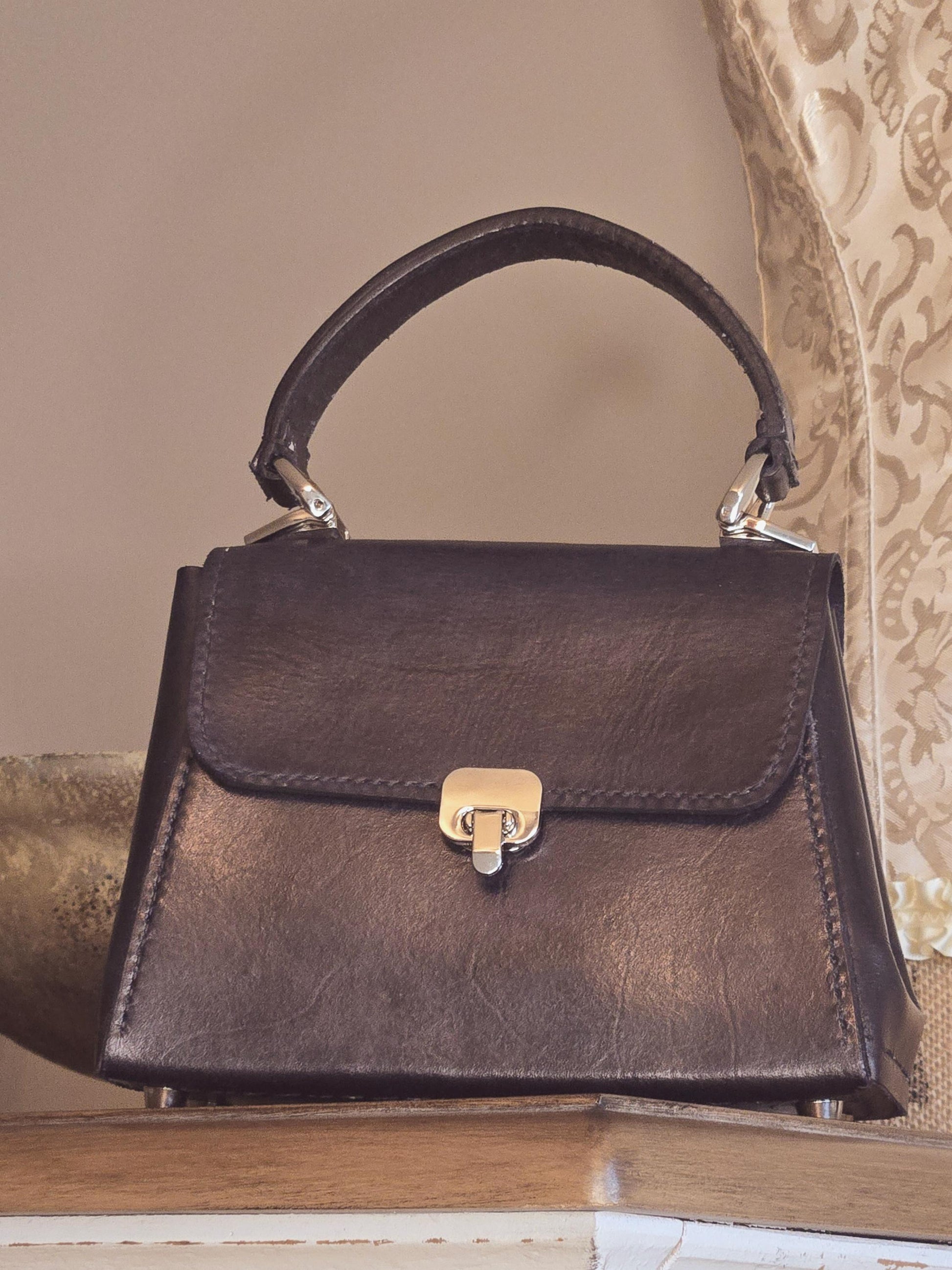 Handstitched Small Black Full Grain Leather Handbag with Top Handle and Silver Hardware