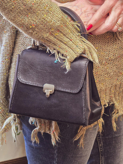 Handstitched Small Black Full Grain Leather Handbag with Top Handle and Silver Hardware