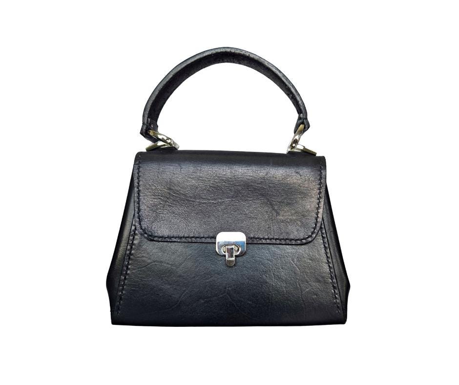 Handstitched Small Black Full Grain Leather Handbag with Top Handle and Silver Hardware