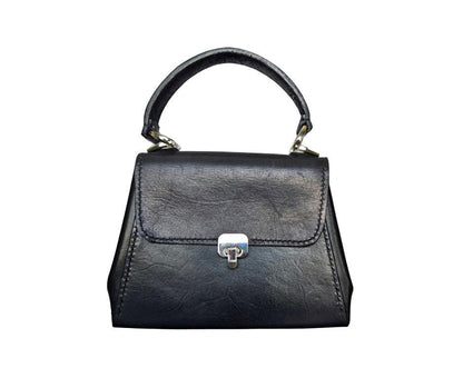 Handstitched Small Black Full Grain Leather Handbag with Top Handle and Silver Hardware