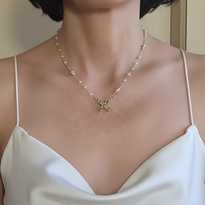 Petite Pearl Choker Necklace with CZ X Pendant - Hugs & Kisses XXOO- Layering Jewelry