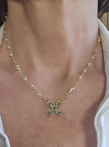 Petite Pearl Choker Necklace with CZ X Pendant - Hugs & Kisses