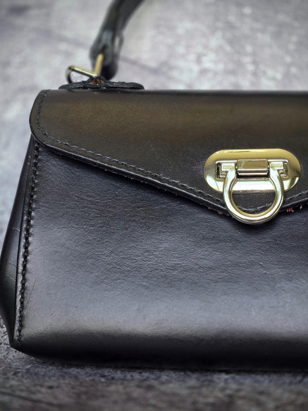 Hand Stitched, Full Grain, Black Leather Mini Handbag with NE Cornhusker Football Lining - Handcrafted Purse