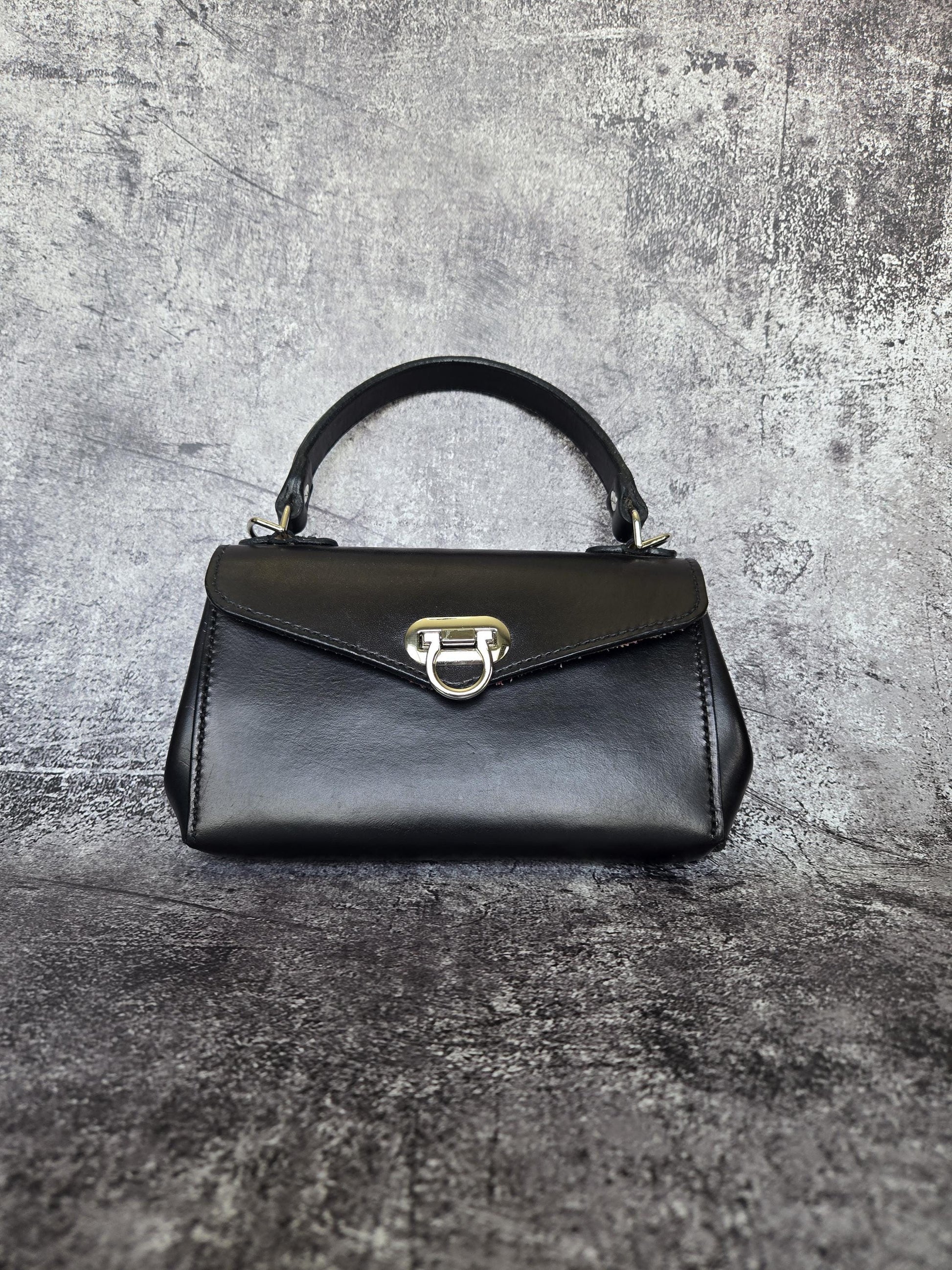 Hand Stitched, Full Grain, Black Leather Handbag with NE Cornhusker Football Lining - Handcrafted Purse