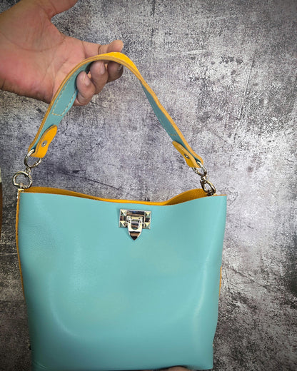 Handstitched Leather Bucket Bag - Turquoise & Yellow Boho Glam