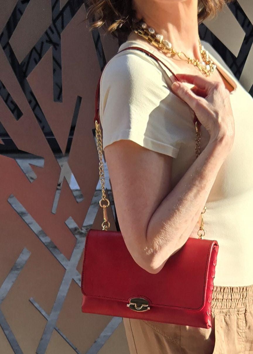 Handcrafted Red Leather Purse With Gold Chain Strap and Cornhusker Lining- Nebraska Cornhusker Football